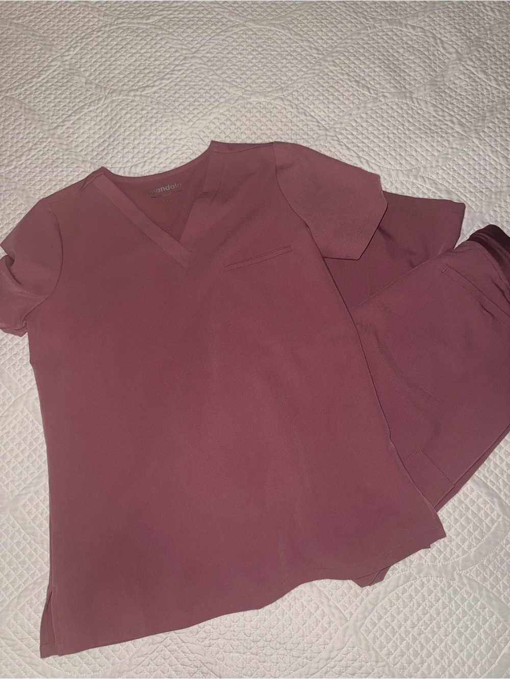 Mandala Scrub Set- V-Neck Scrub Top in Deep Mauve and Wide-leg High Pants XSP